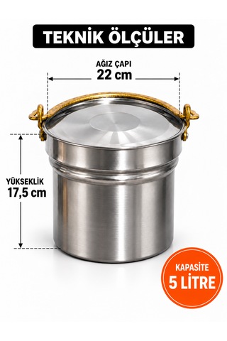 5 Litre Paslanmaz Çelik Yoğurt Mayalama Ve Süt Kabı Satır/bakraç Geleneksel Sarı Kulplu - 16 Helke Metalik