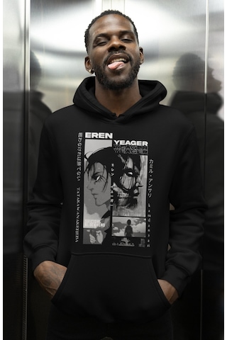 Sevbano Vintage Eren Yeager Baskılı Unisex Oversize Attack On Titan Anime Siyah