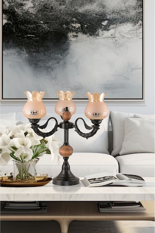 Üçlü Şamdan Masa Lambası Abajur Siyah Bal Rengi Camlı Siyah