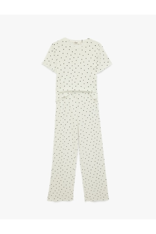 Koton Kısa Kollu Bisiklet Yaka Kalp Desenli Pamuklu Pijama Takımı Beyaz Desenli 6slk40090mk