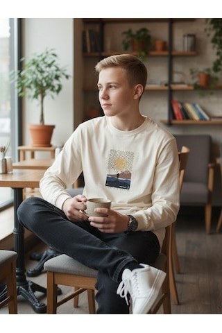 Zekids Erkek Çocuk Pamuklu Manzara Baskılı İnce Uzun Kollu Sweatshirt-16341 Krem
