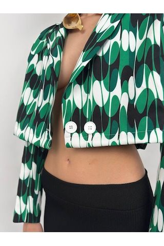 Yeni Sezon Desenli Simetrik Katlamalı Yaka Tek Düğme Crop Kadın Blazer Ceket 24s08012 Yeşil
