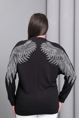 Sırtı Kanat Taş Baskılı Sweatshirt Siyah