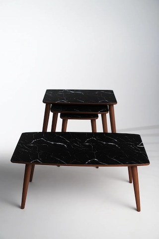 İstanbul Orta Sehpa Ve 3'lü Zigon Sehpa Seti Siyah Mermer Desen