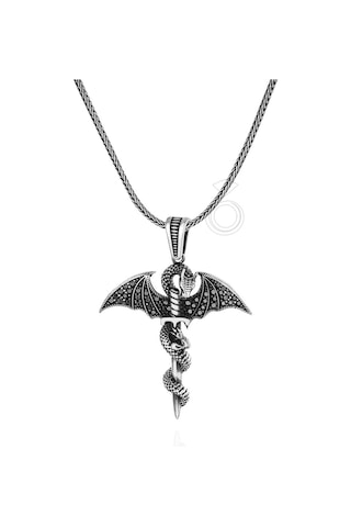 Gümüş Siyah Mikro Taşlı Kılıç Ve Ejderha Tasarım Erkek Kolye 552468532