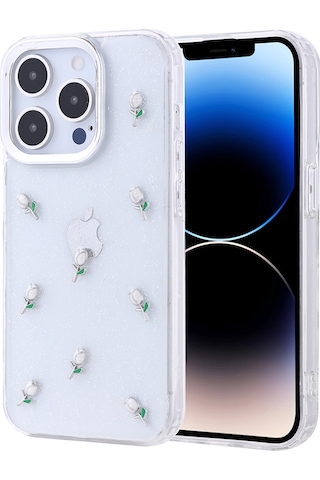 Goocamp İphone Uyumlu 14 Pro Kılıf Airbag Tasarımlı Simli Şeffaf Kutup Kapak - Kiraz Şeffaf