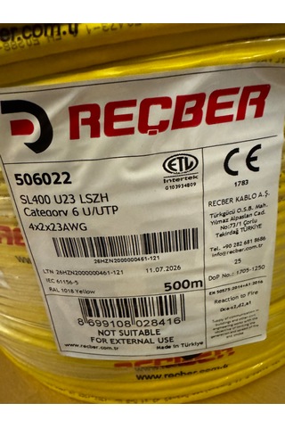 Reçber Cat 6 Halogen Free U/utp Sl400 23 Awg 500 Metre Sarı