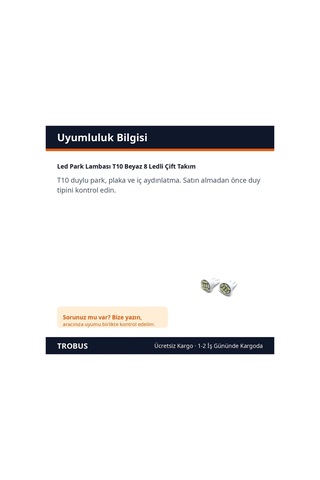 Trobus Led Park Lambası T10 Beyaz 8 Ledli Çift Takım