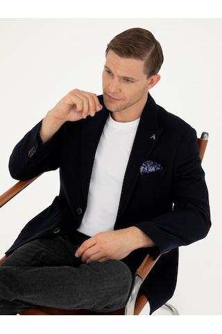Cacharel Lacivert Slim Fit Yün Karışımlı Blazer Ceket