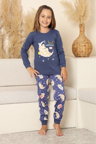Kız Çocuk %100 Pamuk İnterlok Kumaş Pijama Takımı 6-15 Yaş 12421 Indigo