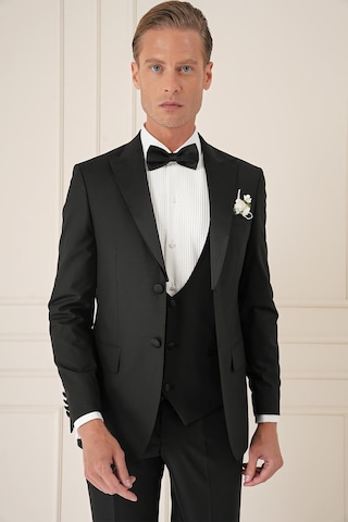 Efor Black 077 Slim Fit Çıkarılabilir Saten Yaka Yelekli Siyah Damatlık Smokin Takım Siyah