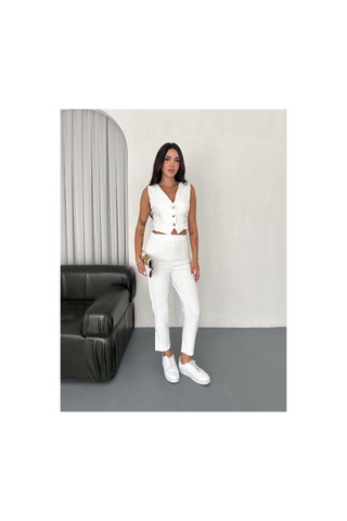 Wellway Dabıl Kumaş Düğme Detaylı Yelek & Pantolon İkili Takım-beyaz-1059 Beyaz