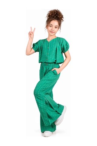 İrem Çocuk Giyim Kız Çocuk Puantiyeli Kısa Kollu Bluz Geniş Paça Modelli Pantolon Yeşil Renk Şık İkili Takım Yeşil