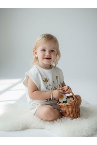 Zekids Kız Bebek Pamuklu Çiçekli Yarım Kollu T-shirt-7501 Krem