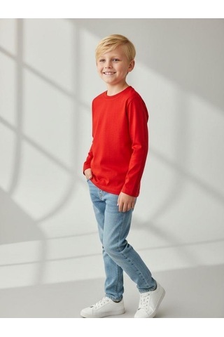 Zekids Erkek Çocuk Pamuklu Uzun Kol Basic T-shirt-16713 KIrmızı