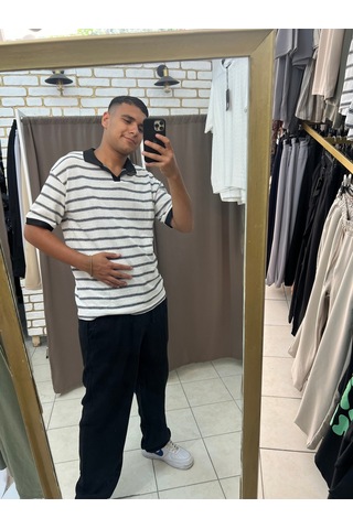 Tuba Toptaş Çizgili Yakalı Triko Tshirt Beyaz