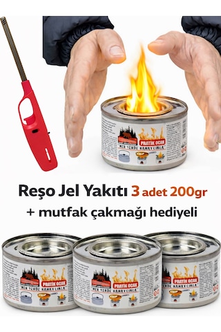 Çakmak Hediyeli Reşo Jel Yakıt Teneke Kutu 200 Gr Net 3 Adet Osmalı Ocak Yakıtı Kanp Piknik Yakıtı