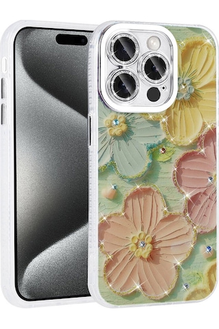 Apple iPhone Uyumlu 14 Pro Max Kılıf Çiçek Desenli Parlak Taşlı Sert Silikon Garden Kapak Mavi Mavi