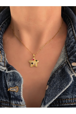 Eva Takı Store Yıldız Model Renkli Zirkon Taşlı Gold Renk Kolye Gold
