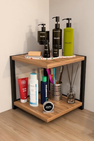 İki Raflı Banyo Köşe Kare Düzenleyici Organizer Raf Metal Gövdeli Çok Amaçlı Banyo Standı Atlantik Çam