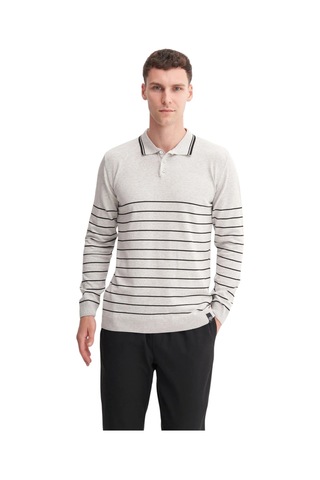 Cazador Slim Fit Viskon Dokulu Basic Çizgi Detaylı Polo Yaka Kazak-33020 Gri Melanj