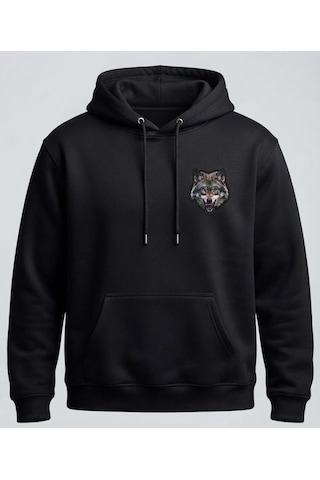 Berru Butik & Textil Kartal Ve Kurt Figürlü Baskı Detaylı Kapşonlu Hoodie / Sweatshirt Kişiselleştirilebilir Siyah