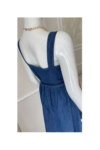 Gesshop Kadın Askılı Etek Volanlı Kuşaklı Midi Boy Denim Elbise Koyu Mavi
