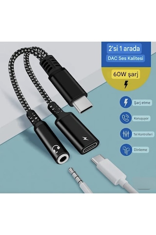 Wowssyo 2'si 1 Arada Type-c To 3.5mm+60w Hızlı Şarj Ve Kulaklık Çevirici+usb Dönüştürücü Hi-fi Ses Ce Lisanslı Sertifikalı Hasır Örgülü Sağlam Kablo 1 Adet