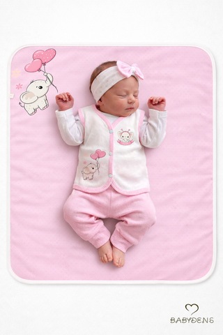 Babyden's Kız Bebek 3’lü Set Pamuklu Jakarlı Fil Baskılı Yelek ,Battaniye ,Saç Bandı 6-9 AY