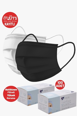 Melantis Medikal 3 Katlı Telli Meltblownlu Cerrahi Maske Beyaz + Siyah 2 x 50'li