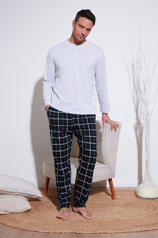 Buratti Ekoseli Pamuklu Beli Lastikli Regular Fit Uzun Kollu Erkek Pijama Takımı 6572003 Gri Melanj