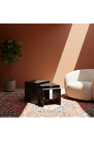 Modern Metal Zigon Sehpa Seti Minimal Tasarım İç İçe Geçen Yan Sehpa 3 Lü Set Siyah