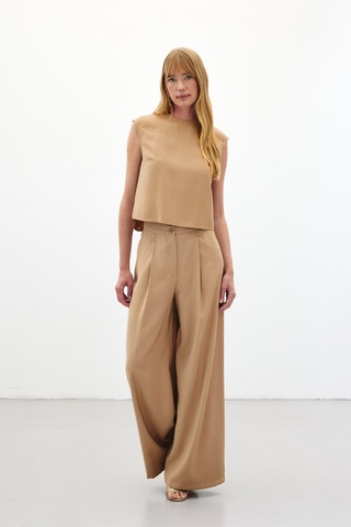 Sateen Geniş Paça Pantolon - Camel-136453 Camel