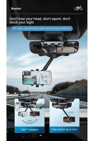 Araç İçi Telefon Tutucu Ergonomik Rahat Kullanım Dikiz Aynasına Montaj 360 Derece Dönebilen