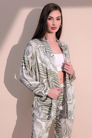 Kadın Haki Safari Desen Yeni Moda Saten Çift Cepli Salaş Kimono Ceket - Tesettüre Uygun Haki