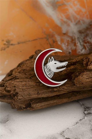 925 Ayar Gümüş Ay Motifli Bozkurt Rozet -8059