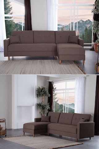 Kilim Mobilya Scandi Köşe Uzanmalı Yataklı Köşe Takımı Hem Sağ Hem Sol Köşe Olarak Kullanılabilir Kahverengi