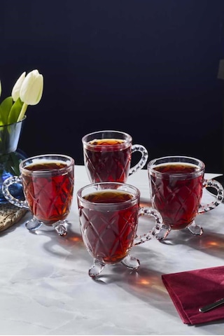 Porsima 15720 Ayaklı Kulplu Desenli Cam Bardak 200 CC 4'lü