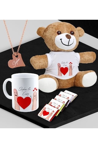 Kişiye Özel Sevgili Peluş Ayı Kupa Madlen Çikolata Ve Rose Kalp Kolye Set - 88