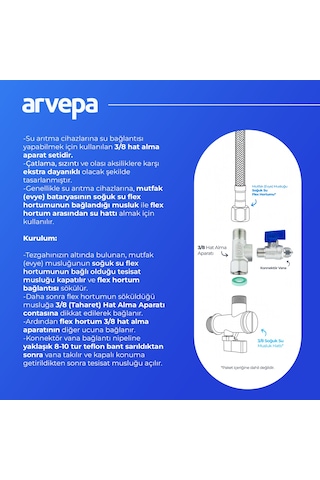 Arvepa Su Arıtma Cihazı 3/8 (Taharet) Hat Alma ve Konnektör Vana Seti - Ekstra Dayanıklı (Metal)