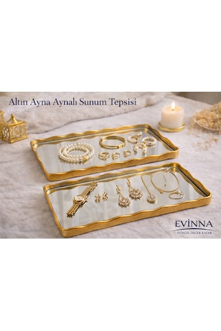 Evinna Altın Detaylı Aynalı Sunum Tepsisi 1 Adet