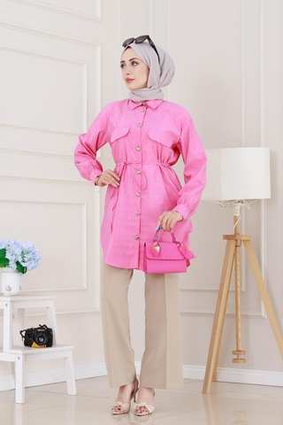 Sevitli Cep Kapaklı Beli Bağcıklı Tunik-pembe-5155 Pembe