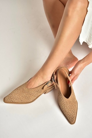Fox Shoes Y654300402 Bej Hakiki Deri Süet Klın Topuklu Kadın Ayakkabı Bej