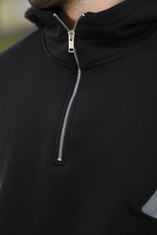 Madmext Siyah Fermuarlı Yaka Kapüşonlu Erkek Sweatshirt E7161 Siyah