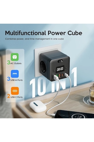 Xuweiwei 3 Ac Çıkışı 3 Usb-a 2 Usb-c Portlu Dahili Zaman Göstergeli Kompakt Çok Fonksiyonlu Güç Kübü Siyah