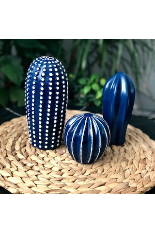 Thiramis Dekoratif 3'lü Kaktüs Lacivert Beyaz Detay