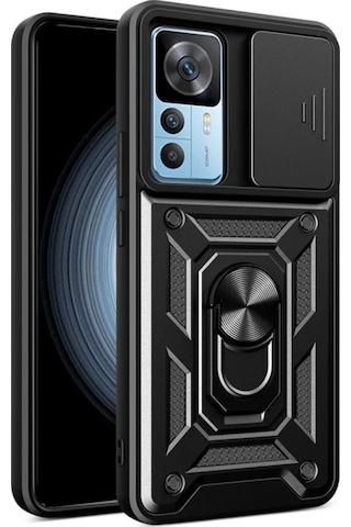 Xiaomi 12T Pro Uyumlu Tank Kılıf Yüzüklü Standlı Extra Koruma Zırhlı Outdoor Kapak - Siyah