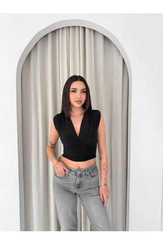 Hazego Vatkalı Kolsuz V Yaka Drapeli Crop Bluz Likralı Fit - Siyah