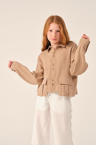 Genç Kız Çocuk Cepli Uzun Kollu Gömlek Bej