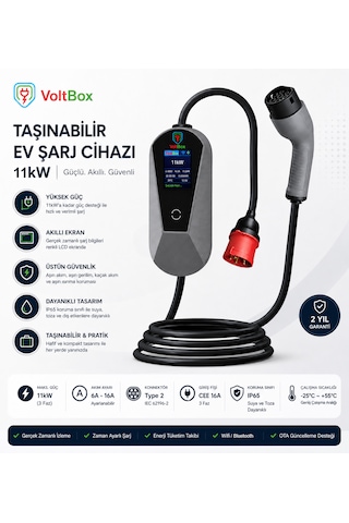 Voltbox Pro11 Taşınabilir Elektrikli Araç Şarj Cihazı 16a/11kw/380v 5 Metre -türkçe Menü 11 Kw